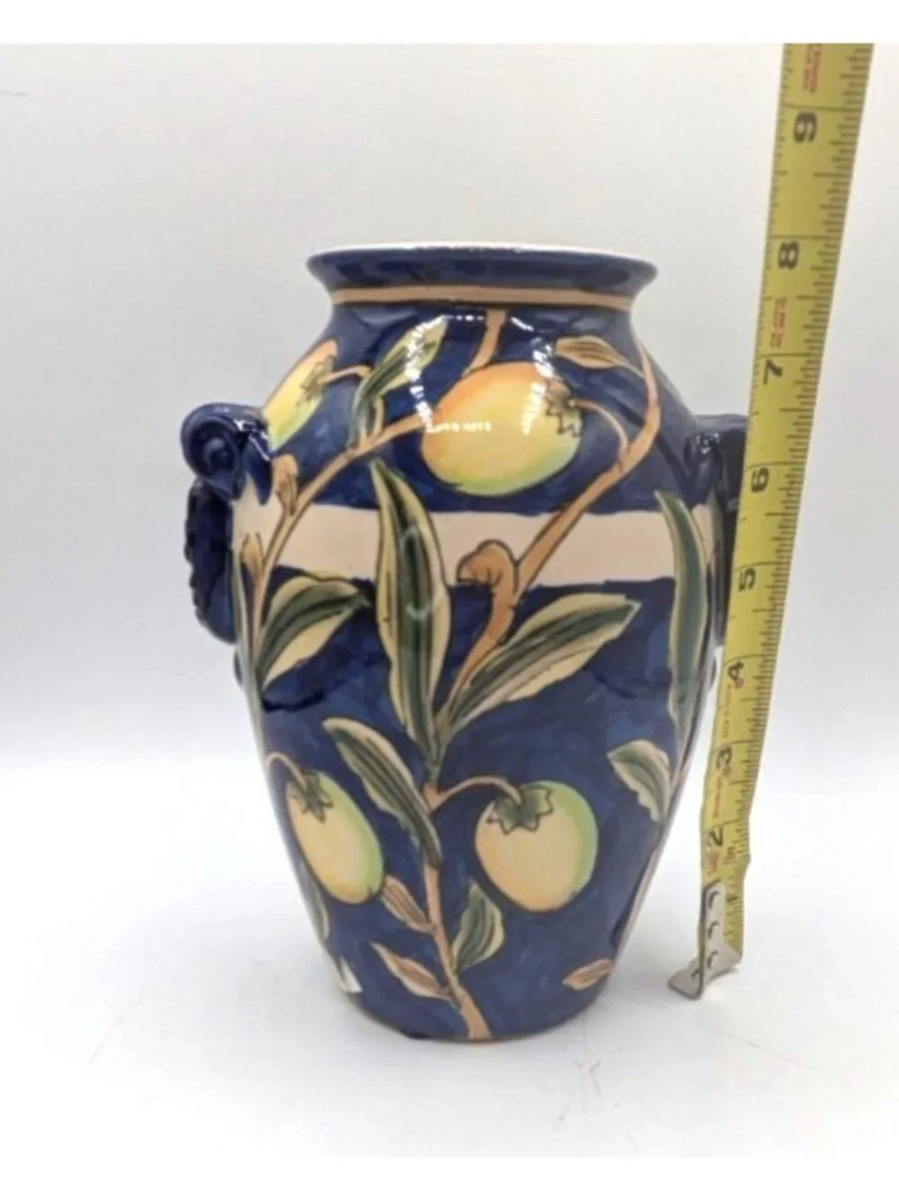 Vintage Handled Vase Cobalt Blue Majolica Mango Branch Ceramic 8
